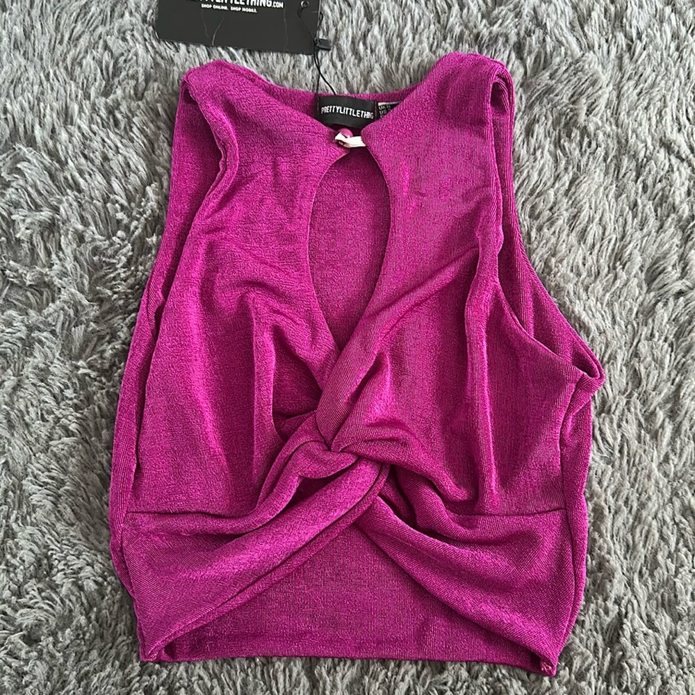 PrettyLittleThing Dark Pink Acetate Slinky Cross Front Key Hole Crop Top Size 2